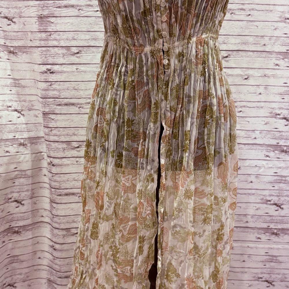 Free People Green and Cream Floral sheer tunic